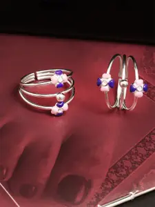LeCalla Women Set of 2 Pink & Navy Blue 925 Sterling Silver CZ Studded Floral Toe Rings