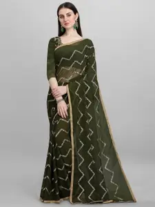 CLEMIRA Women Olive Green And Golden Sequiens Leheriya Embroidery Pure Georgette Saree