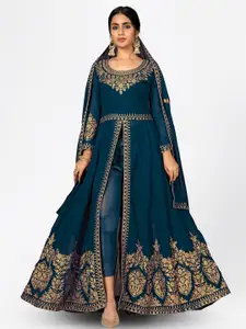 Divine International Trading Co Turquoise Blue & Gold-Toned Embroidered Semi-Stitched Dress Material