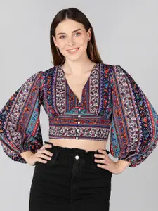 ZNX Clothing Women Multicoloured Print Crepe Crop Top