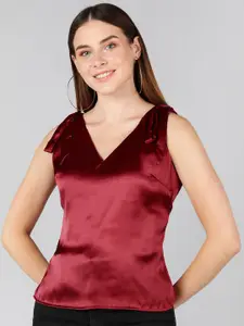 ZNX Clothing Women Maroon Solid Satin Crepe Sleeveless Top