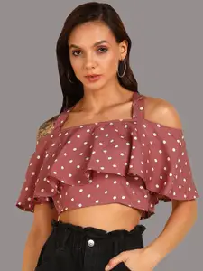 ZNX Clothing Women Pink Polka Dot Print Bardot Crop Top