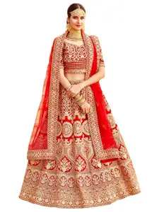 Xenilla Red Embroidered Semi-Stitched Lehenga & Blouse With Dupatta