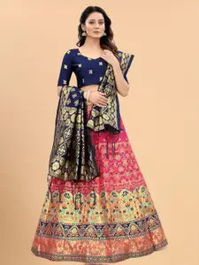 Xenilla Pink & Navy Blue Embroidered Semi-Stitched Lehenga & Blouse With Dupatta
