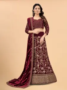 Xenilla Maroon & Gold-Toned Embroidered Semi-Stitched Lehenga & Blouse With Dupatta