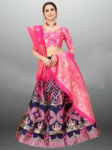 Xenilla Blue & Pink Embroidered Semi-Stitched Lehenga & Blouse With Dupatta