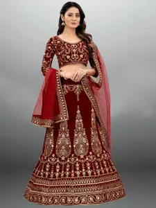 Xenilla Maroon & Gold-Toned Embroidered Semi-Stitched Lehenga & Blouse With Dupatta
