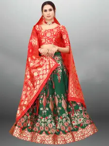 Xenilla Women Green & Red Embroidered Semi-Stitched Lehenga & Blouse With Dupatta