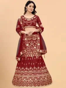Xenilla Women Maroon & Gold-Toned Embroidered Semi-Stitched Lehenga & Blouse With Dupatta