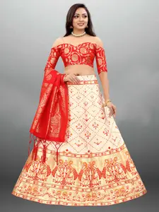 Xenilla White & Red Embroidered Semi-Stitched Lehenga & Blouse With Dupatta