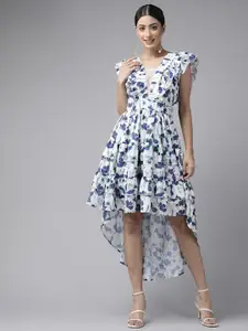 PANIT White & Navy Blue Floral Printed Ruffled Layered A-Line Midi Dress