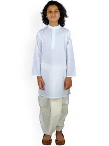 Sethukrishna Boys White Angrakha Pure Cotton Kurti with Dhoti Pants & With Dupatta
