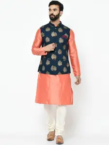 KISAH Men Navy Blue Kurta with Churidar And Nehru Jacket