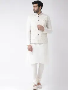 KISAH Men White Cotton Blend Kurta with Churidar &  Jacket