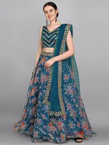 Ethnic Yard Turquoise Blue & Red Embellished Sequinned Semi-Stitched Lehenga & Unstitched Blouse With