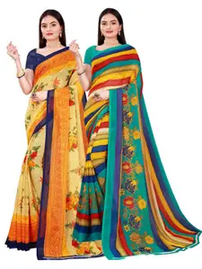 Florence Set Of 2 Beige & Yellow Floral Pure Georgette Saree