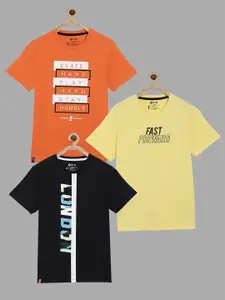 3PIN Boys  Orange And Black Typography 3 Printed T-shirt