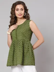antaran Green Printed  Empire Pure Cotton Top  with Potli Button Details On Plaket