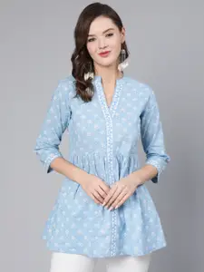 antaran Women Blue Floral Print Mandarin Collar Pure Cotton Top