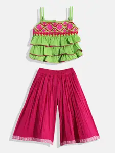 Twisha Girls Green & Pink Embellished Top with Palazzos