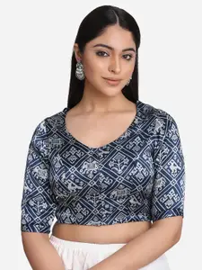 THE WEAVE TRAVELLER Blue Printed Saree Blouse