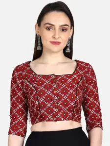 THE WEAVE TRAVELLER Women Maroon Printed Cotton Saree Blouse