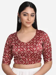 THE WEAVE TRAVELLER Women Maroon & White Printed Readymade Cotton Saree Blouse