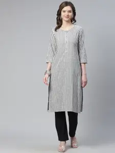 INDYES Women Grey Striped Thread Work Handloom Cotton Kurta