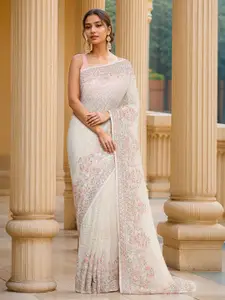 Soch Cream-Coloured & Red Floral Embroidered Pure Georgette Heavy Work Saree