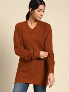 all about you Women Rust Orange V-Neck Knitted Pullover