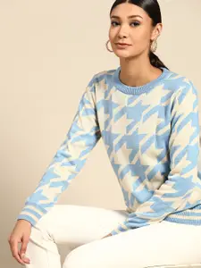 all about you Women Blue & White Geometric Printed Pullover