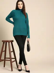 all about you Women Teal Green Ribbed Acrylic Raglan Sleeves Pullover