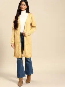 all about you Women Mustard yellow Printed Longline Front Open Sweater