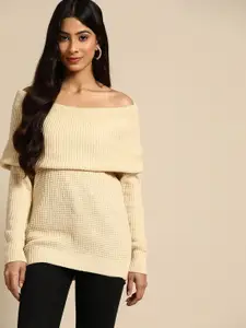 all about you Women Beige Self Design Acrylic Longline Sweater