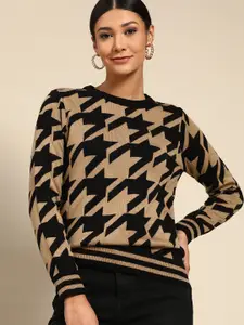 all about you Women Beige & Black Geometric Printed Pullover