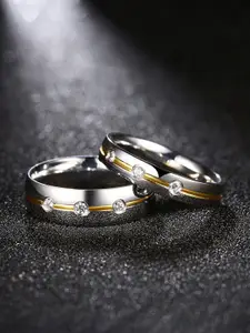Yellow Chimes Set Of 2 Silver-Plated White Crystal-Studded Proposal Couple Rings