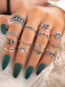 Yellow Chimes Set Of 13 Brass-Plated Silver-Toned Oxidised Knuckle Finger Ring