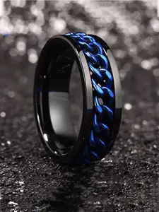 Yellow Chimes Men Black & Blue Silver-Plated Tough Dude Chain Stainless Steel Ring