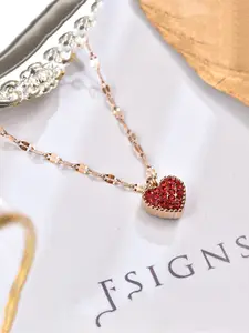 Yellow Chimes Rose Gold-Plated Red Stone-Studded Heart Charm Pendant With Chain
