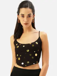 Martini Brown & Gold-Toned Embellished Net Styled Back Crop Top
