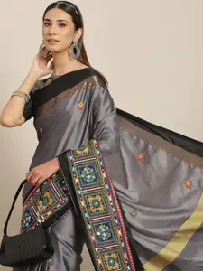 RAJGRANTH Grey & Black Woven Design Embroidered Silk Cotton Banarasi Saree