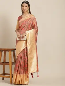 RAJGRANTH Pink & Gold-Toned Floral Zari Silk Cotton Banarasi Saree