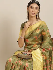 RAJGRANTH Green & Gold-Toned Floral Zari Silk Cotton Banarasi Saree