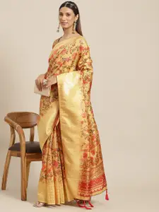 RAJGRANTH Yellow & Pink Floral Zari Silk Cotton Banarasi Saree