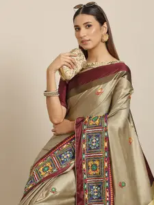 RAJGRANTH Coffee Brown & Beige Woven Design Embroidered Silk Cotton Banarasi Saree