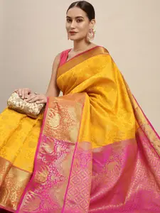 Royal Rajgharana Saree Yellow & Gold Floral Zari Silk Blend Celebrity Banarasi Sarees