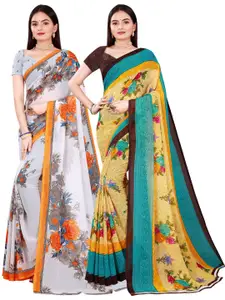 Florence Pack of 2 Beige & White Floral Pure Georgette Saree