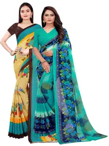 Florence Beige & Turquoise Blue Pack of 2 Floral Pure Georgette Saree
