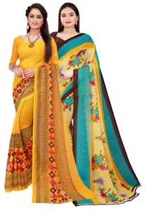 Florence Pack Of 2  Beige & Yellow Floral Pure Georgette Saree