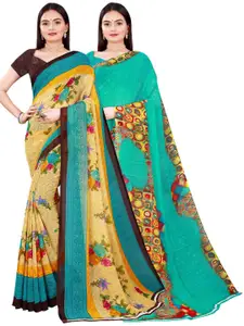 Florence Women Pack Of 2 Beige & Green Printed Pure Georgette Saree
